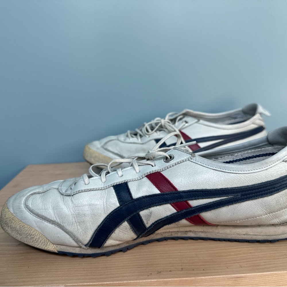 Onitsuka Tiger by Asics White Sneakers with Blue and Red Stripes